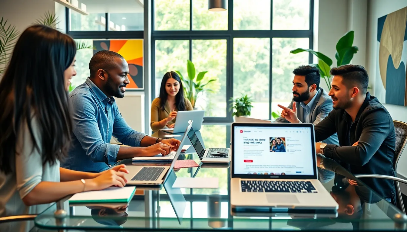 diverse professionals discussing side hustle ideas in a modern office.