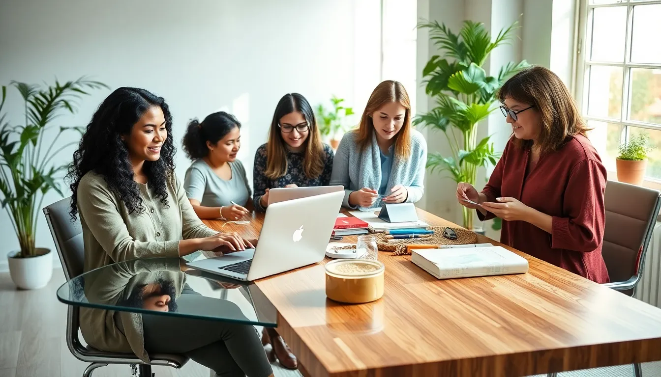 moms working on side hustles in a modern workspace.
