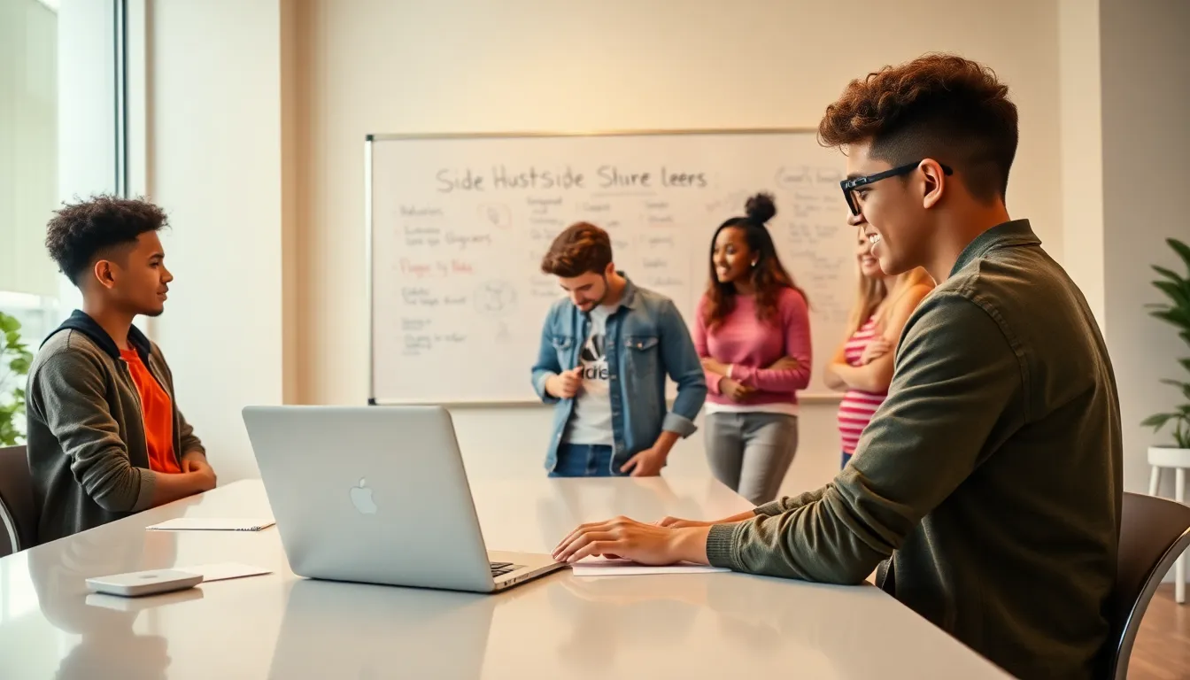 teens collaborating in a modern workspace on side hustle activities.